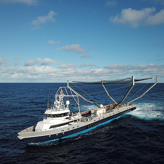 Mr Steven, SpaceX’s highly-modified fairing recovery vessel. Nominally, Mr Steven is intended to maneuver beneath the parachuting fairing and keep it out of the saltwater. (Elon Musk)